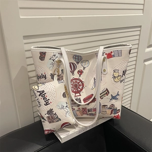 Set di Borse Tote da Donna in Pelle PU Illustrazione della Città a Cartone Animato Graffiti Borsa a Tracolla Grande Capacità Borsetta da Pendolare Con Sottoborsa Set di 2 Pezzi