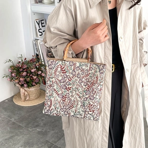 Large capacity vintage floral jacquard canvas tote bag with natural bamboo handles