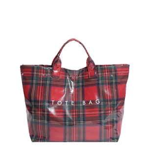 Waterproof red tartan tote bag with high-gloss PVC finish and TOTE BAG lettering