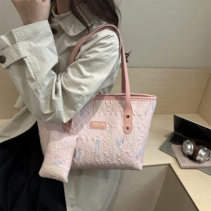 Pink striped embroidery tote bag with heart pattern and matching small pouch