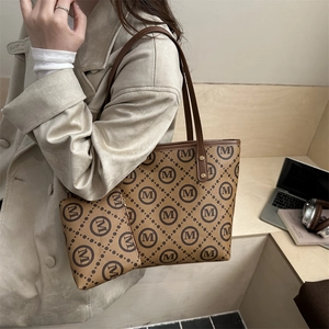Classic brown tote bag set with M-pattern print and matching pouch for women