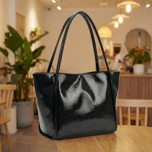 Minimalist black glossy patent leather tote bag for women with long double shoulder straps