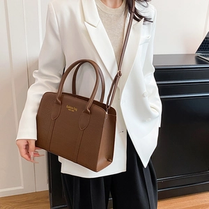 Retro dark brown crocodile pattern Boston handbag with top handles and shoulder strap
