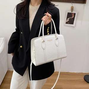 Chic white croc-embossed Boston handbag with shoulder strap for women, 2026 style