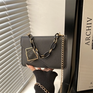 Women Fashion PU Leather Small Square Crossbody Bag Minimalist Geometric Buckle Dual Chain Strap Shoulder Handbag Daily Bag