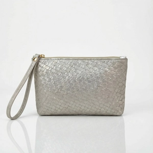 Fashionable silver woven texture wristlet wallet with metal zipper and wrist strap
