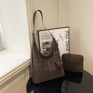 Sac à Épaule Hobo Vintage en Cuir PU pour Femmes Grand Fourre-tout Avec Surpiqûres Contrastées Ensemble de Deux Pièces