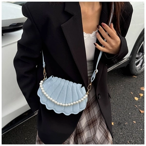 Detail shot of light blue shell crossbody bag with pearl handle and quilted texture
