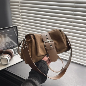 Sac à Épaule Femme Vintage en Simili Daim Grande Boucle Sac Bandoulière Décontracté Plissé Sac Baguette Fourre-tout Sous l'Aisselle