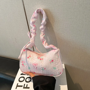Sac Sous le Bras en Seersucker à Imprimé Floral de Rose pour Femmes Nœud Romantique Bandoulière Scrunchie Vintage