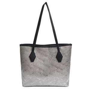 Silver textured tote bag with black straps for commuting, high capacity shoulder handbag