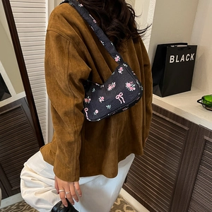 Sac à épaule noir à fleurs avec nœuds roses, sac cabas élégant de grande capacité