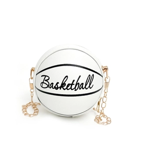 Mini bolso bandolera blanco con forma de baloncesto, cadena dorada y texto negro