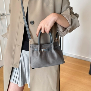 Classic grey suede bucket bag for women, stylish crossbody handbag for spring 2026 fashion