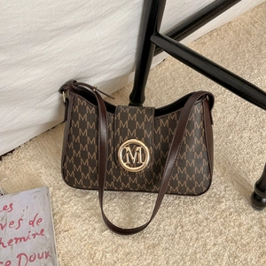 Damen Vintage Monogramm Achseltasche Bedrucktes PU Leder Schultertasche Retro Mode Pendler Handtasche Metallschnalle Dekor