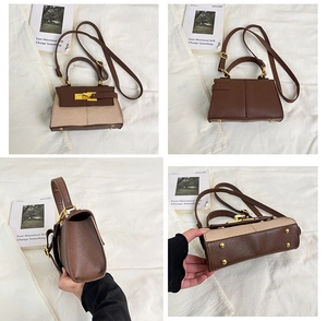 Détails sous quatre angles du sac trapèze avec clous de fond et fermoir en métal doré