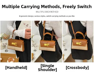 Sac à main en cuir marron et tissu beige, porté à la main, à l'épaule et en bandoulière