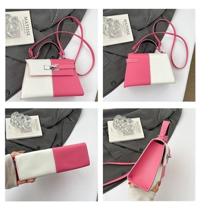 Detailed views of pink and beige leather crossbody bag with silver lock and shoulder strap
