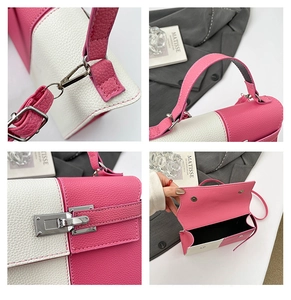 Detail of pink and white pebbled leather bag featuring silver lock and interior space