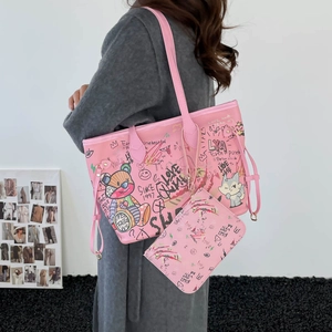 Pink cartoon graffiti tote bag set with matching small pouch and shoulder straps