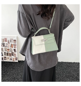Detail of mint green trapezoid handbag with silver lock shown on a model's back
