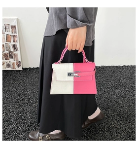 Close-up of pink and white color-block leather handbag with silver metal swivel lock