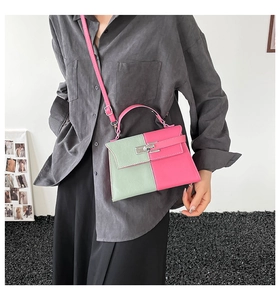 Close-up of pink and green color-block handbag featuring a metallic twist lock closure