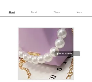 Detailed view of the pearl handle and gold chain on this lavender mini bucket handbag