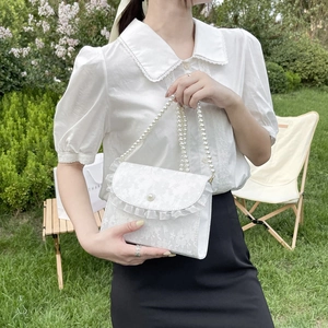 Women Sweet White Lace Crossbody Bag Artificial Pearl Chain Strap Floral Ruffle Edge Butterfly Decoration Korean Elegant Shoulder Bag