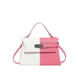 Chic color-block trapezoid shoulder bag with metal lock and pink leather texture