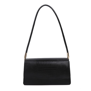 Minimalist black baguette shoulder bag with crocodile pattern and golden hardware