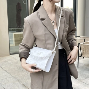White lace crossbody bag with butterfly embroidery and elegant pearl chain strap