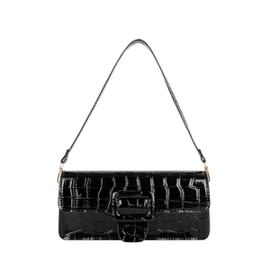 Classic black crocodile pattern underarm baguette bag with glossy finish and shoulder strap