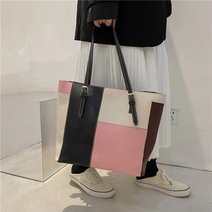 Grand sac cabas en similicuir bicolore avec bandoulière réglable pour femmes