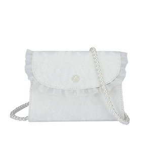 Elegant white lace crossbody bag with pearl chain strap and floral organza details