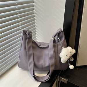 Chic purple-grey matte nylon tote bag with cloud plush pendant for daily commute and school