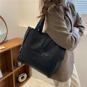 Large black woven leather tote bag for women, stylish quilted shoulder bag for commuting