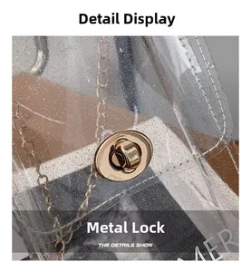 Detail of glittery transparent PVC bag featuring a gold metal twist lock and chain strap