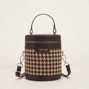 Retro houndstooth cylinder bucket bag with dark brown leather trim and gold hardware