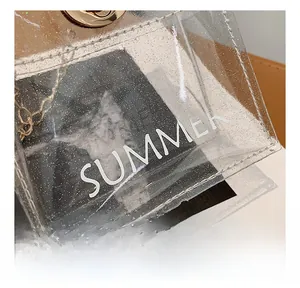 Detail of transparent PVC bag with golden lock, chain, and white SUMMER print