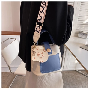 Close-up of color-block bucket bag with wide letter strap and cute tiger charm