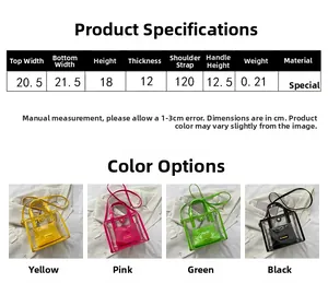 Size chart and dimensions for the transparent jelly tote bag with inner pouch