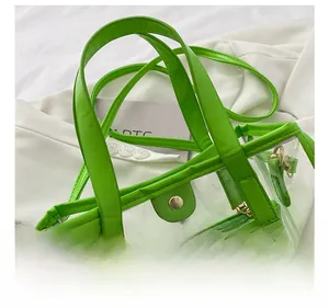 Macro shot of neon green leather handle and transparent PVC material detail