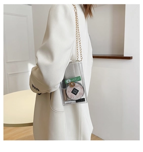 Detailed view of transparent PVC crossbody bag with gold chain and metal lock