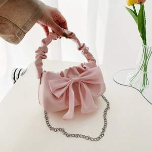 Women Trendy PU Leather Shoulder Bag Fashion Bow Decor Ruched Handle Chain Crossbody Bag Cute Small Square Underarm Bag