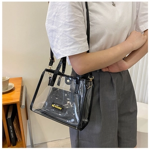 Detail of transparent PVC tote with black leather trim and removable inner pouch