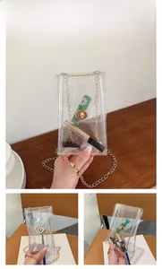 Detail of pearlescent transparent PVC mini bag with gold chain and Summer logo
