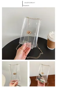 Close-up of a clear PVC mini bag featuring a gold chain strap and 'SUMMER' print details