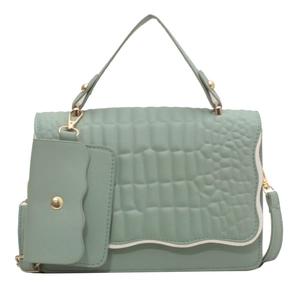 Mint green pleated crossbody bag set with crocodile pattern and golden hardware