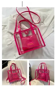 Macro detail of hot pink transparent PVC tote bag with leather trim and interior pouch